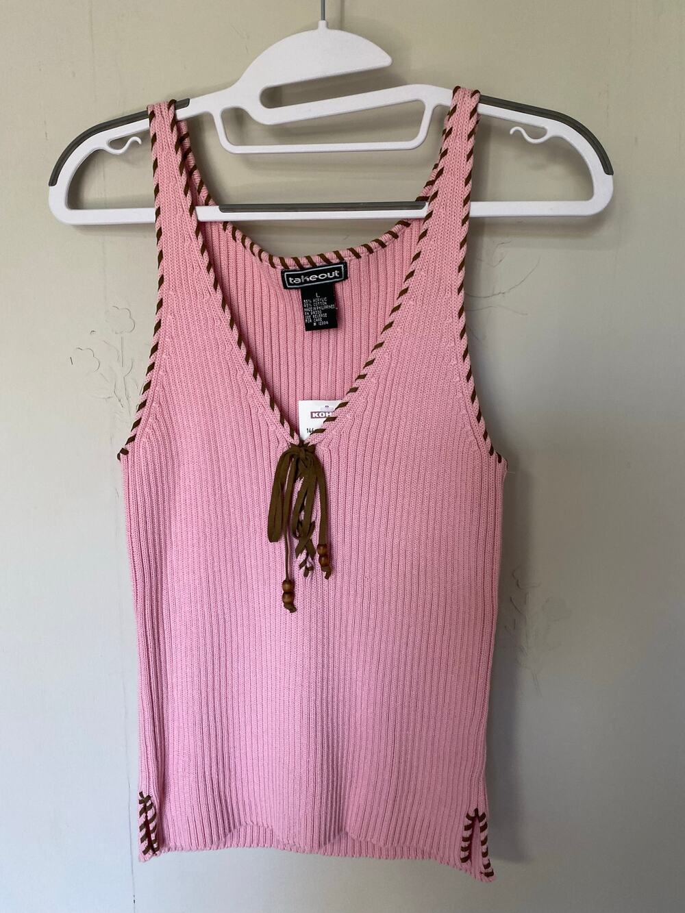 Vintage Y2K NWT Takeout Pink Rib Knit Faux Leather Trim Bow Cotton Blend Large